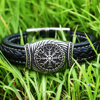 Viking Staves Valknut, Vegvisir and Aegishjalmur Leather and Steel Bracelet