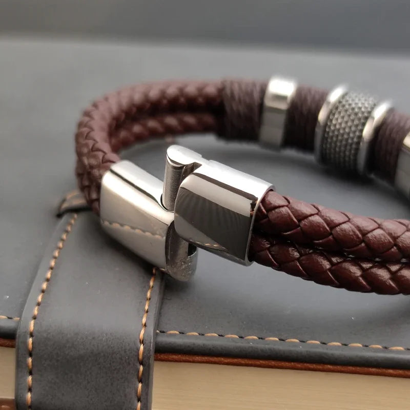 Sailing Longship Handcrafted Leather and Steel Bracelet
