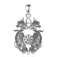 Norse Dragon and Vegvisir 925 Sterling Silver Necklace