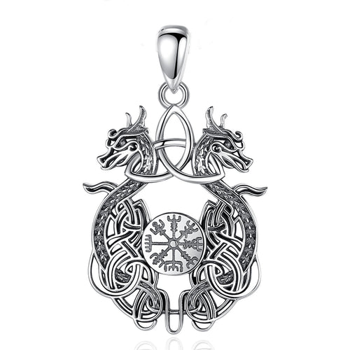 Norse Dragon and Vegvisir 925 Sterling Silver Necklace
