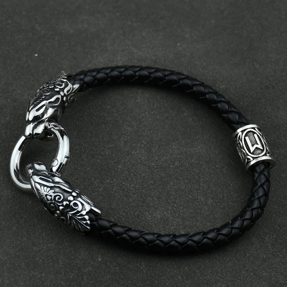 Freya Cat with Runes Steel and Leather Bracelet