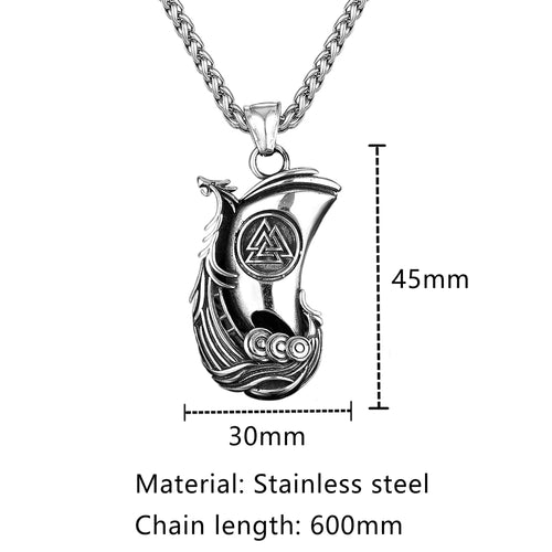 Longship with Valknut stainless Steel Necklace
