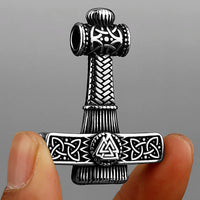 Mjolnir Necklace with Valknut Relief Stainless Steel Necklace