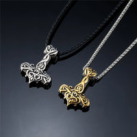 Hammer of Thor Mjolnir with Golden Bas Relief  Stainless Steel Necklace