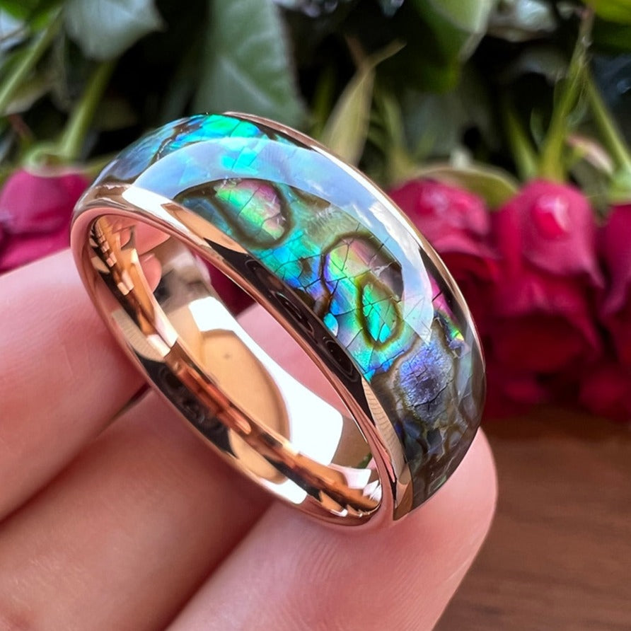 Wide Bifrost the Rainbow Bridge 8mm wide Tungsten Carbide Ring with Abalone Shell Inlay
