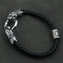 Freya Cat with Runes Steel and Leather Bracelet