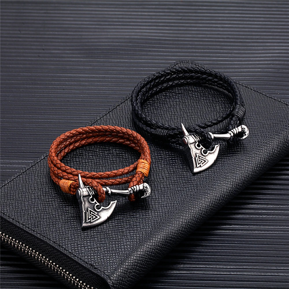 Viking Axe Bracelet in Leather and Steel