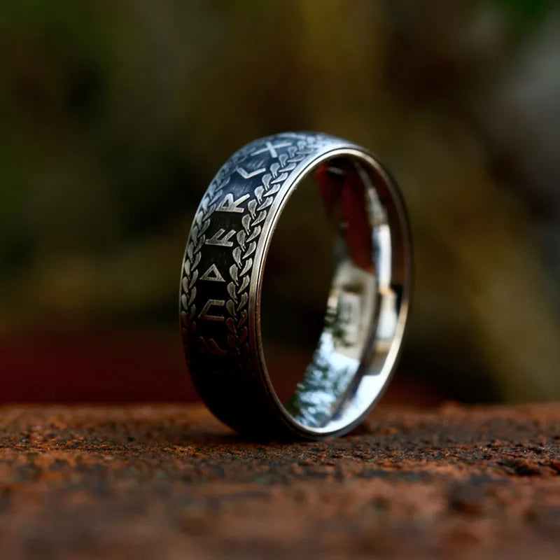 Rune Ring in Futhark Runes 8mm Stainless Steel Ring