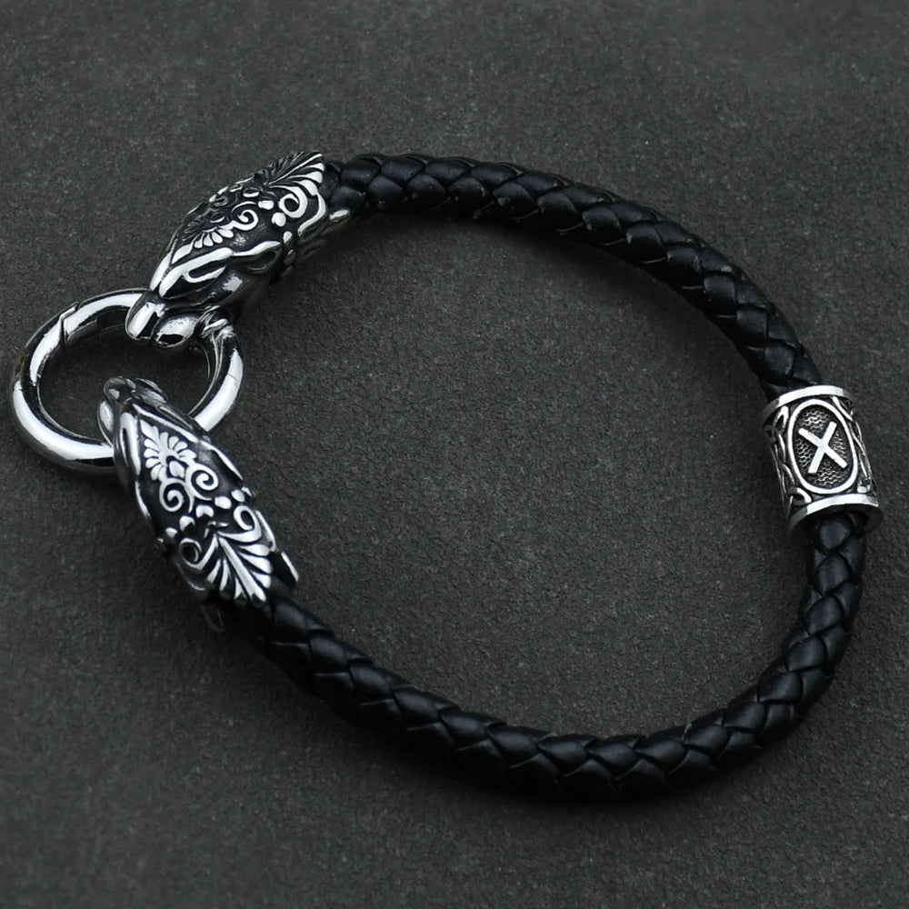 Freya Cat with Runes Steel and Leather Bracelet