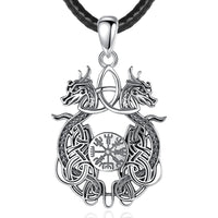Norse Dragon and Vegvisir 925 Sterling Silver Necklace