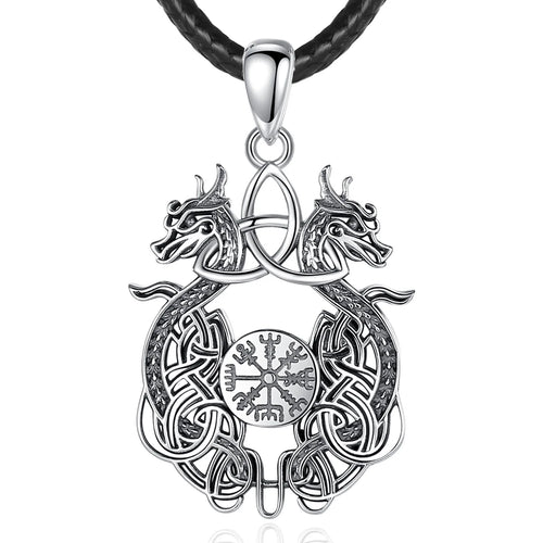 Norse Dragon and Vegvisir 925 Sterling Silver Necklace
