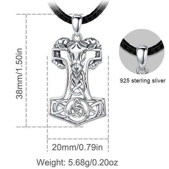 Mjolnir with Goat and Triskele 925 Sterling Silver Necklace