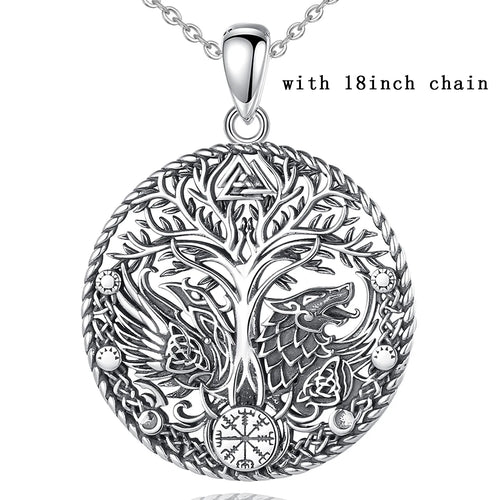 Wolf and Raven over Yggdrasil 925 Sterling Silver Necklace