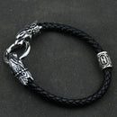 Freya Cat with Runes Steel and Leather Bracelet