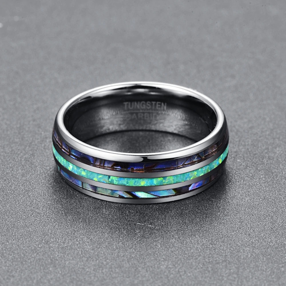 Ginnungagap Fire and Ice 8mm Tungsten Carbide Ring with Abalone Shell and Green Opal Stone