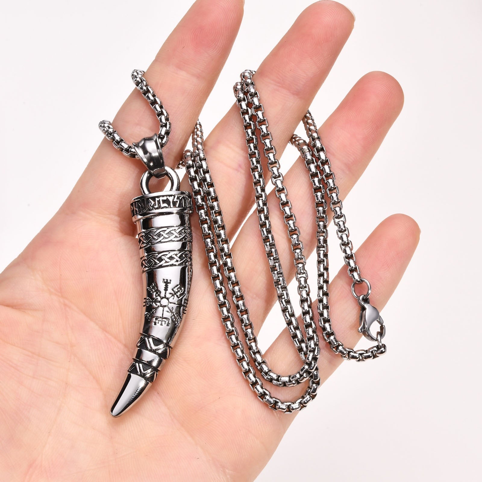 Gjallarhorn the Horn of Heimdall With Vegvisir Rune Stainless Steel Necklace
