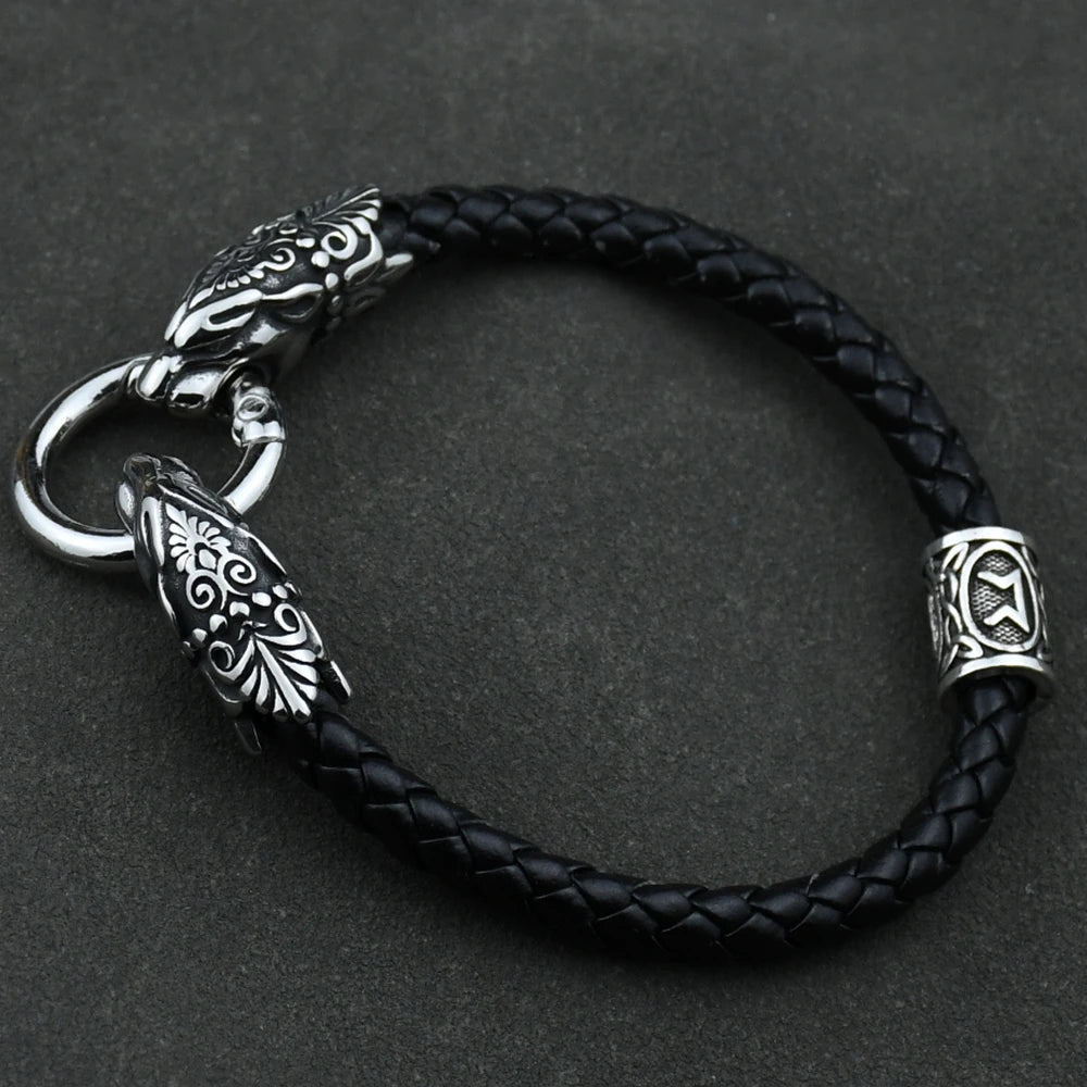 Freya Cat with Runes Steel and Leather Bracelet