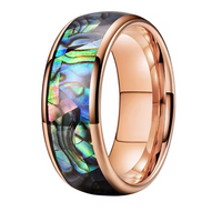 Wide Bifrost the Rainbow Bridge 8mm wide Tungsten Carbide Ring with Abalone Shell Inlay