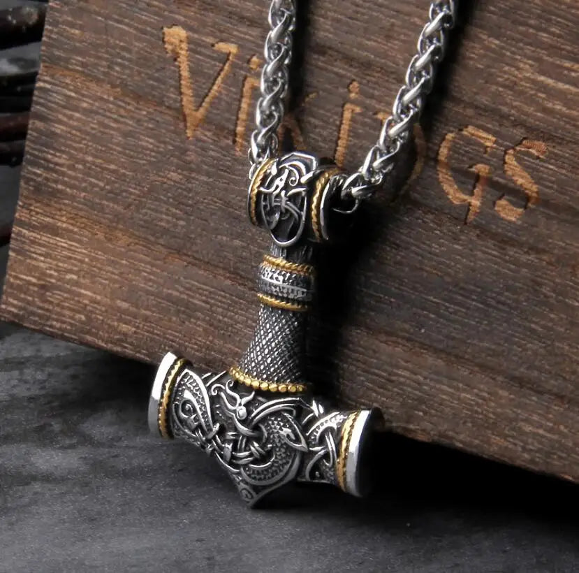 Hammer of Thor Mjolnir with Dragon Knot Stainless Steel Necklace