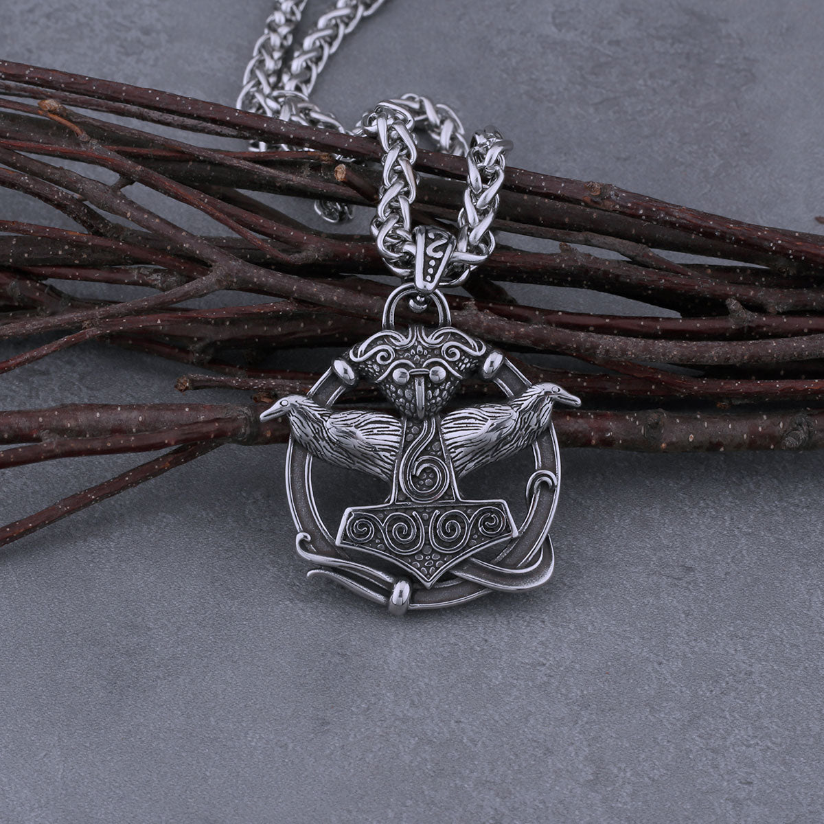 Hugin and Munin Bring Thor Hammer Mjolnir Stainless Steel Necklace