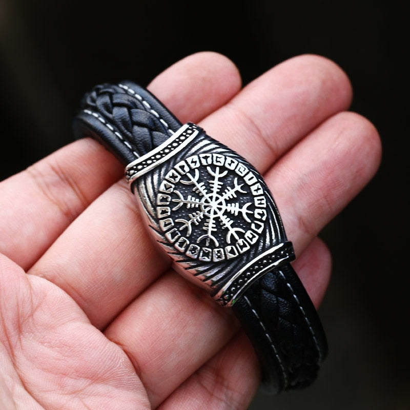 Viking Staves Valknut, Vegvisir and Aegishjalmur Leather and Steel Bracelet