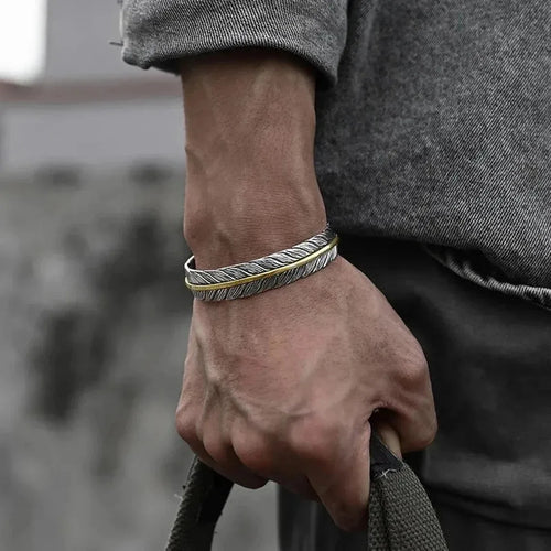 Feather of the Norse Hawk Steel Bracelet