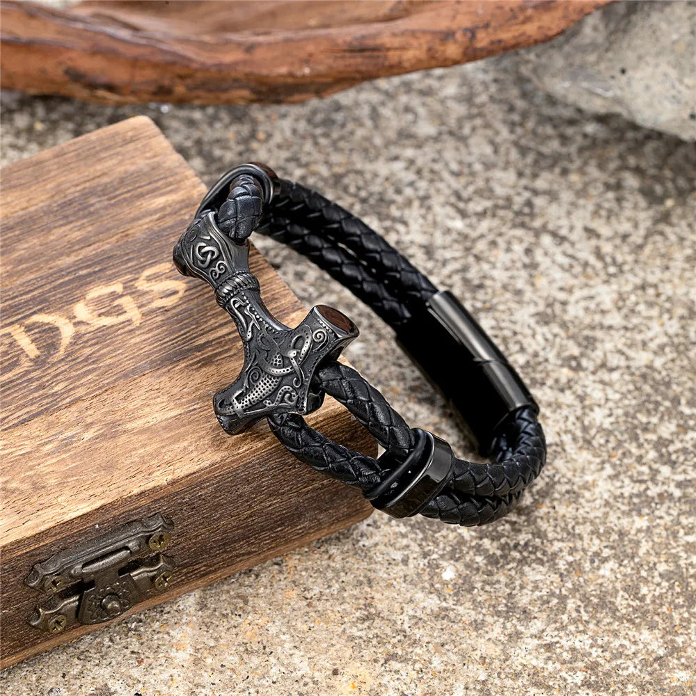 Mjolnir Leather Bracelet with Magnetic Buckle