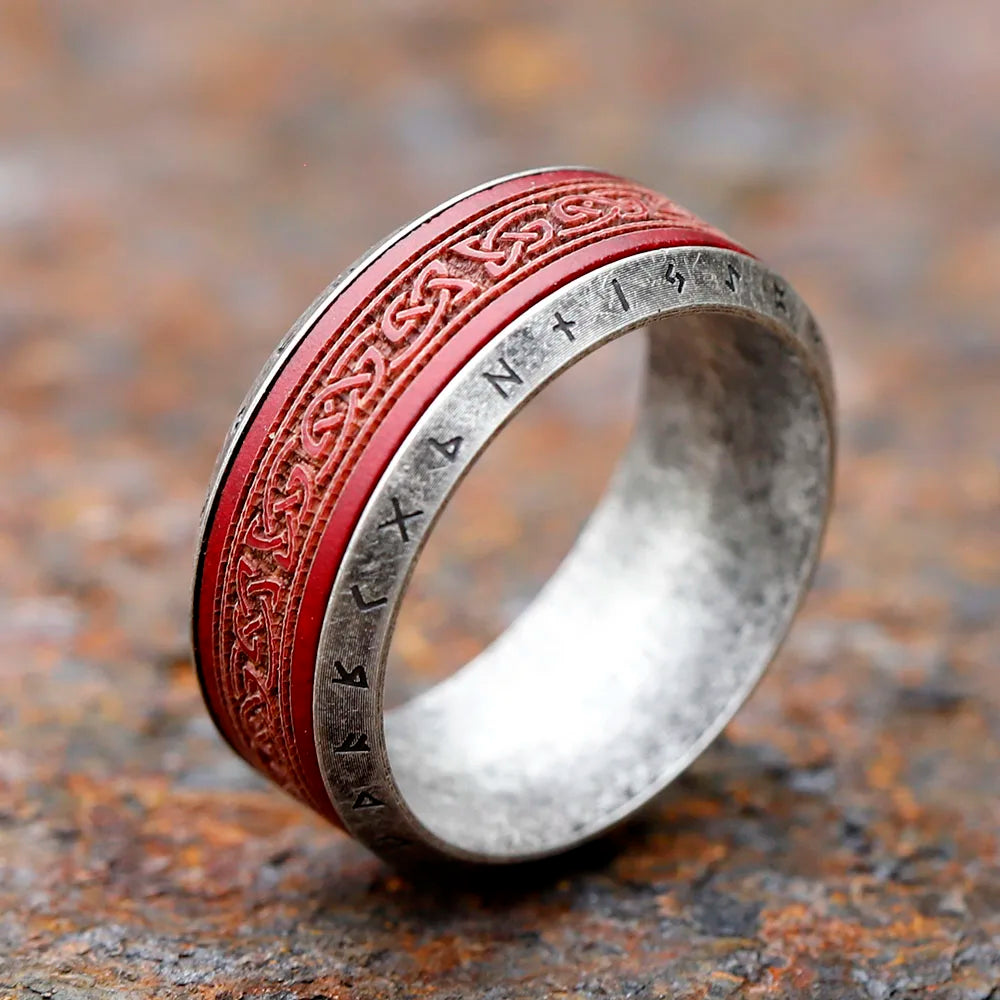 Red Norse Knot Rune Ring Stainless Steel and Rosewood Ring