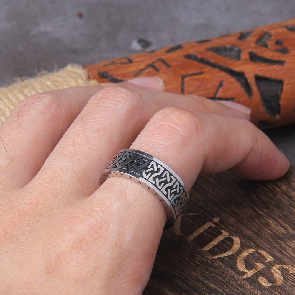 Viking Ring with Futhark Runes in Steel