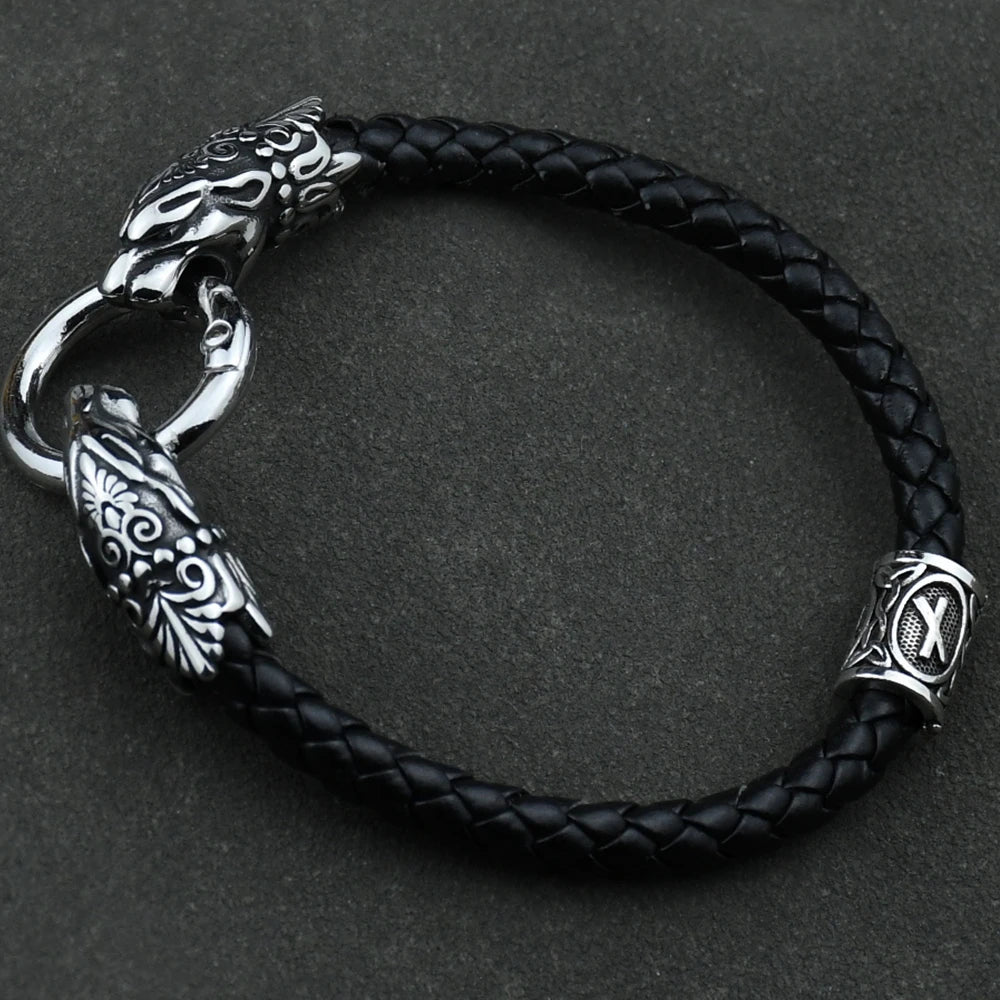 Freya Cat with Runes Steel and Leather Bracelet