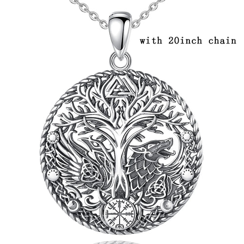 Wolf and Raven over Yggdrasil 925 Sterling Silver Necklace