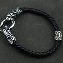 Freya Cat with Runes Steel and Leather Bracelet