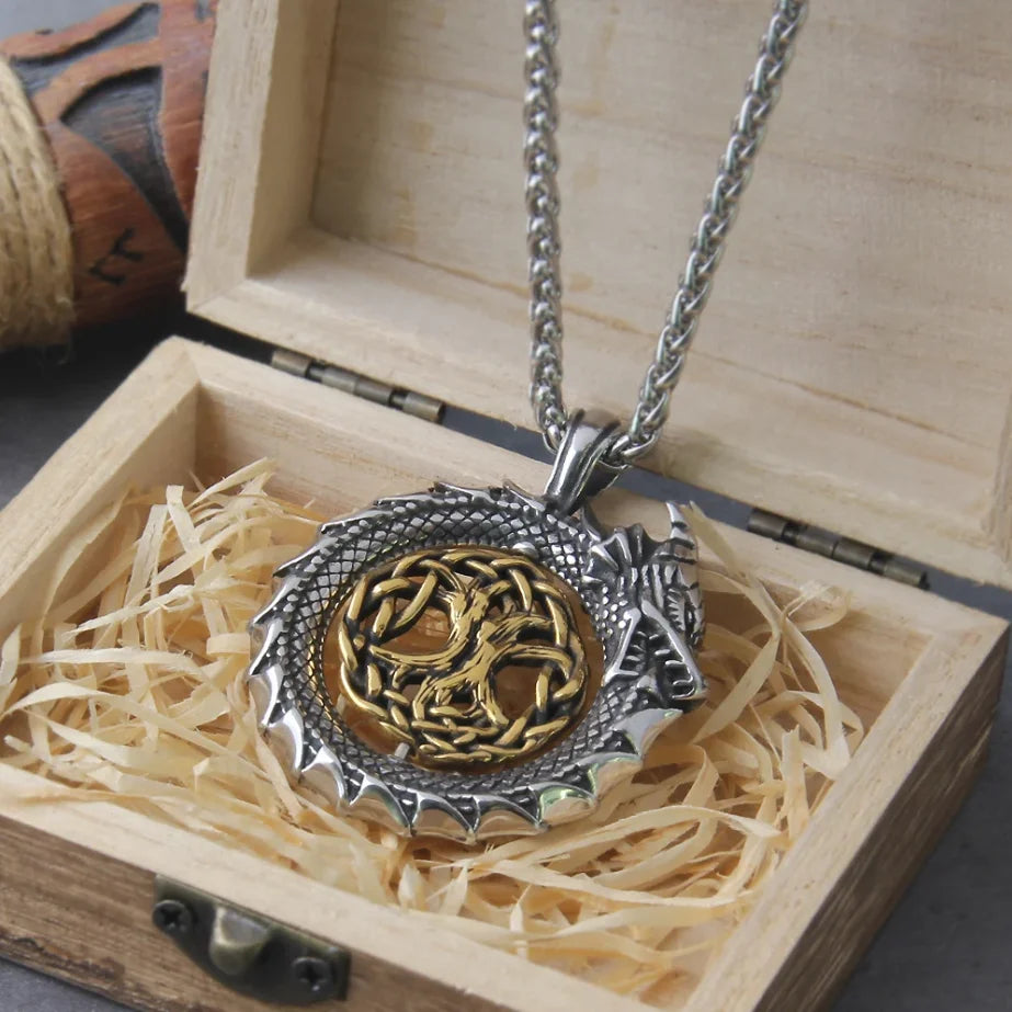 The Dragon Nidhogg and The Tree of Life Stainless Steel Necklace