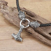 Hammer of Thor Mjolnir with Wolf Stainless Steel Necklace