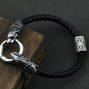 Freya Cat with Runes Steel and Leather Bracelet