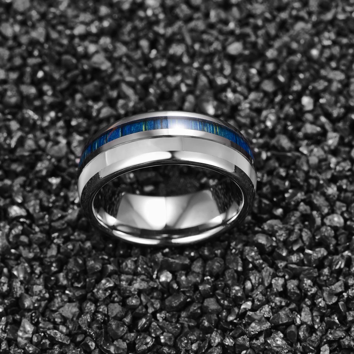 Waves of Njord Tungsten Carbide Ring With Seashell and Blue Wood Inlay