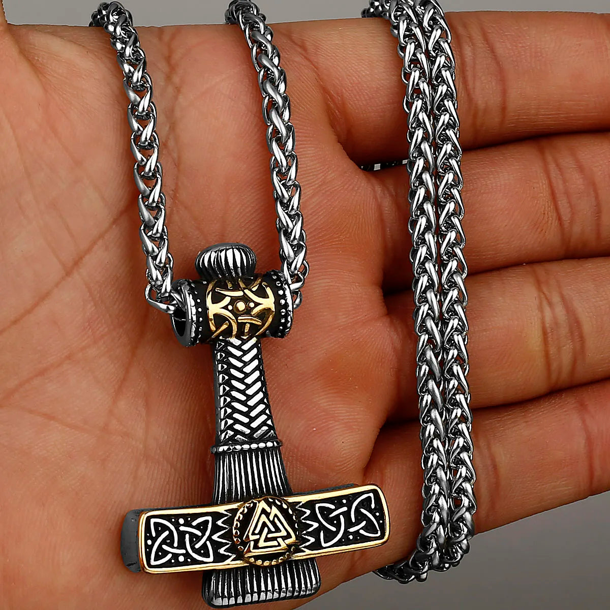 Mjolnir Necklace with Valknut Relief Stainless Steel Necklace