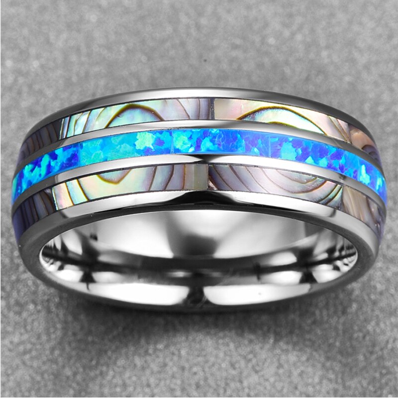 Thor Thunder 8mm Tungsten Carbide Ring with Blue Opal and Abalone Shell