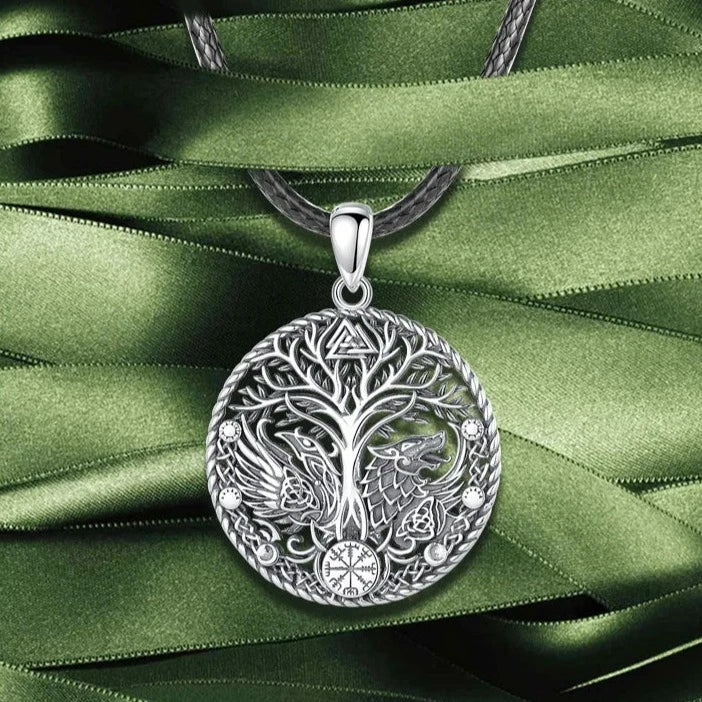 Wolf and Raven over Yggdrasil 925 Sterling Silver Necklace