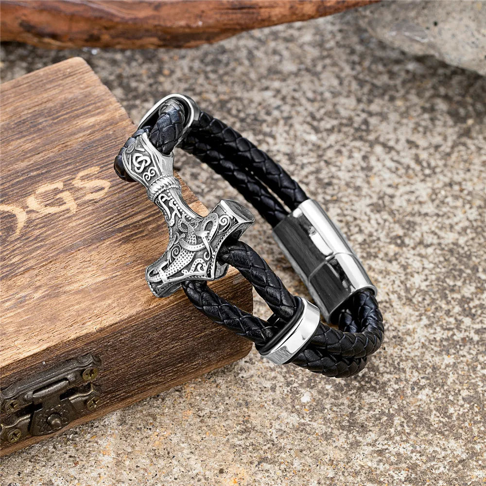 Mjolnir Leather Bracelet with Magnetic Buckle