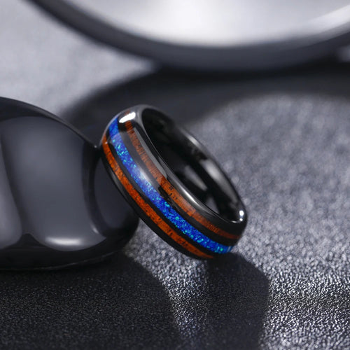 Ginnungagap Fire and Ice Tungsten Carbide Ring with Opal Stone