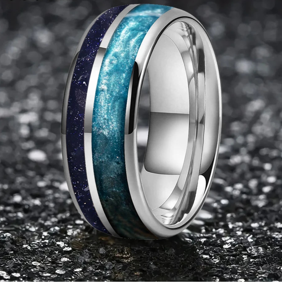 Skadi Bounty 8mm Tungsten Carbide Ring with Sandstone and Crushed Pearl