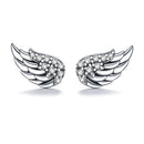 A pair of silver angel wing stud earrings, each adorned with small clear pavé gemstones, set against a clean white background.