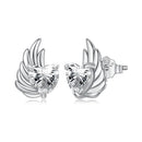 Silver wing-shaped earrings with clear gemstones on a white background