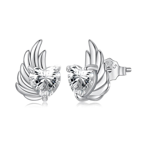 Silver wing-shaped earrings with clear gemstones on a white background