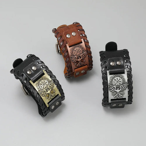 Vegvisir with Norse Hawk or Jormungandr Leather Bracelet