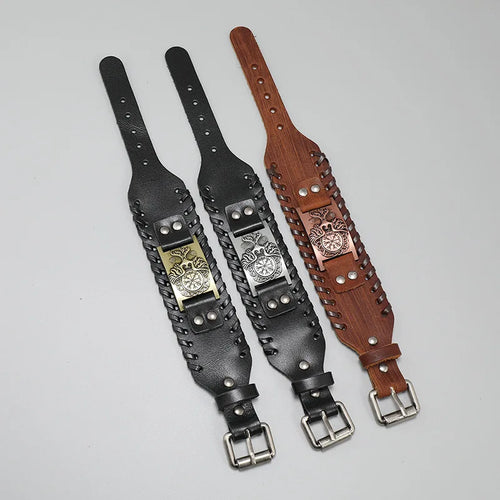 Vegvisir with Norse Hawk or Jormungandr Leather Bracelet