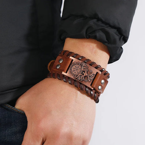Vegvisir with Norse Hawk or Jormungandr Leather Bracelet