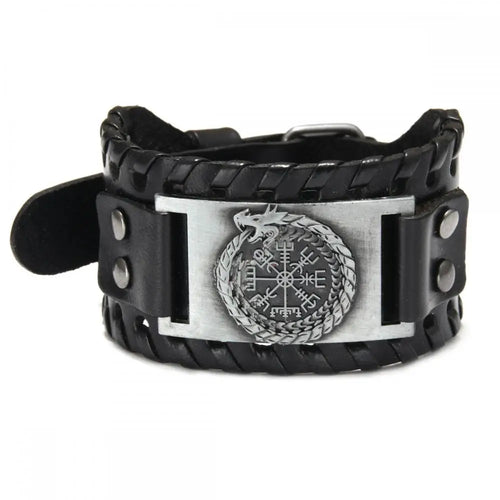 Vegvisir with Norse Hawk or Jormungandr Leather Bracelet