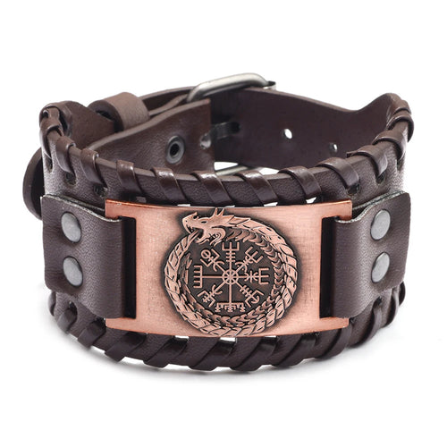 Vegvisir with Norse Hawk or Jormungandr Leather Bracelet